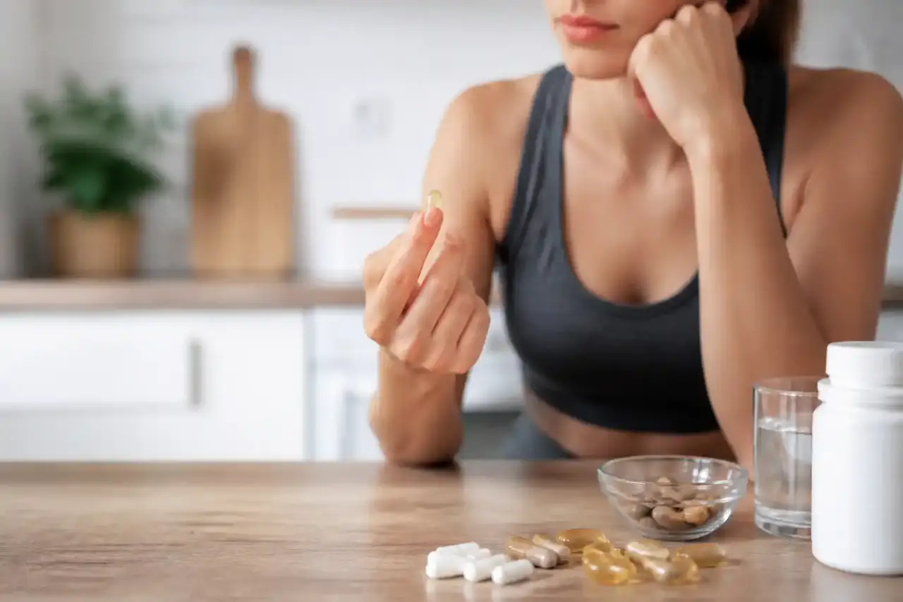 Compléments alimentaires posés dans un environnement médical propre et lumineux