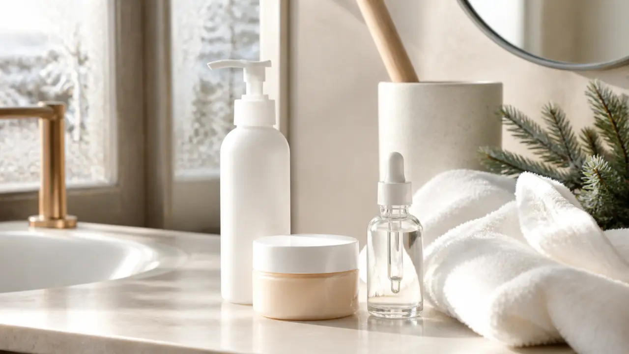 Produits dermo-cosmétiques sur une surface blanche, ambiance hivernale douce