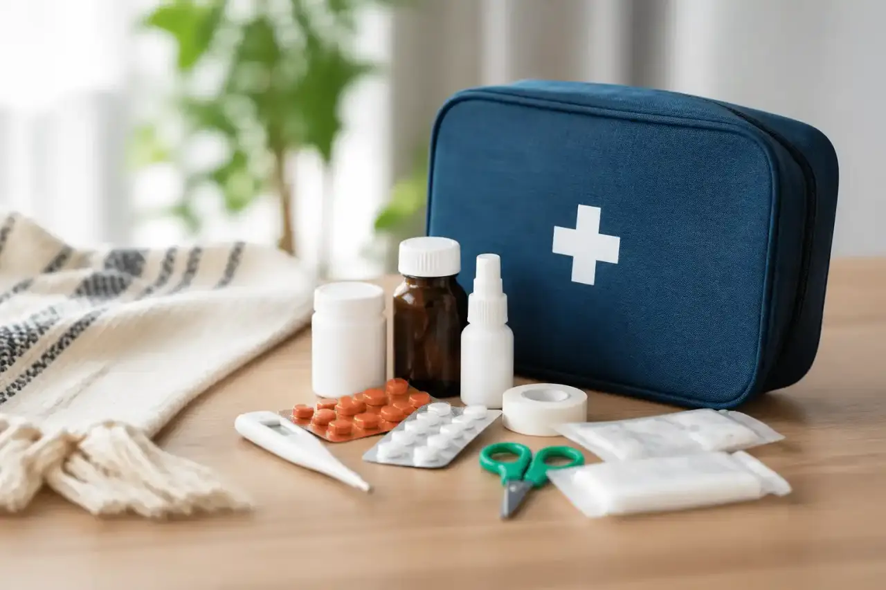 Trousse santé familiale organisée avec produits de soins et de premiers secours