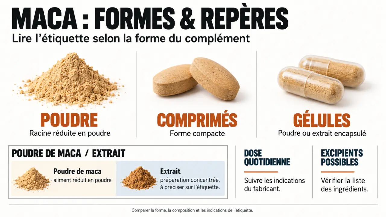 Maca complément alimentaire : comparaison visuelle entre poudre, comprimés et gélules