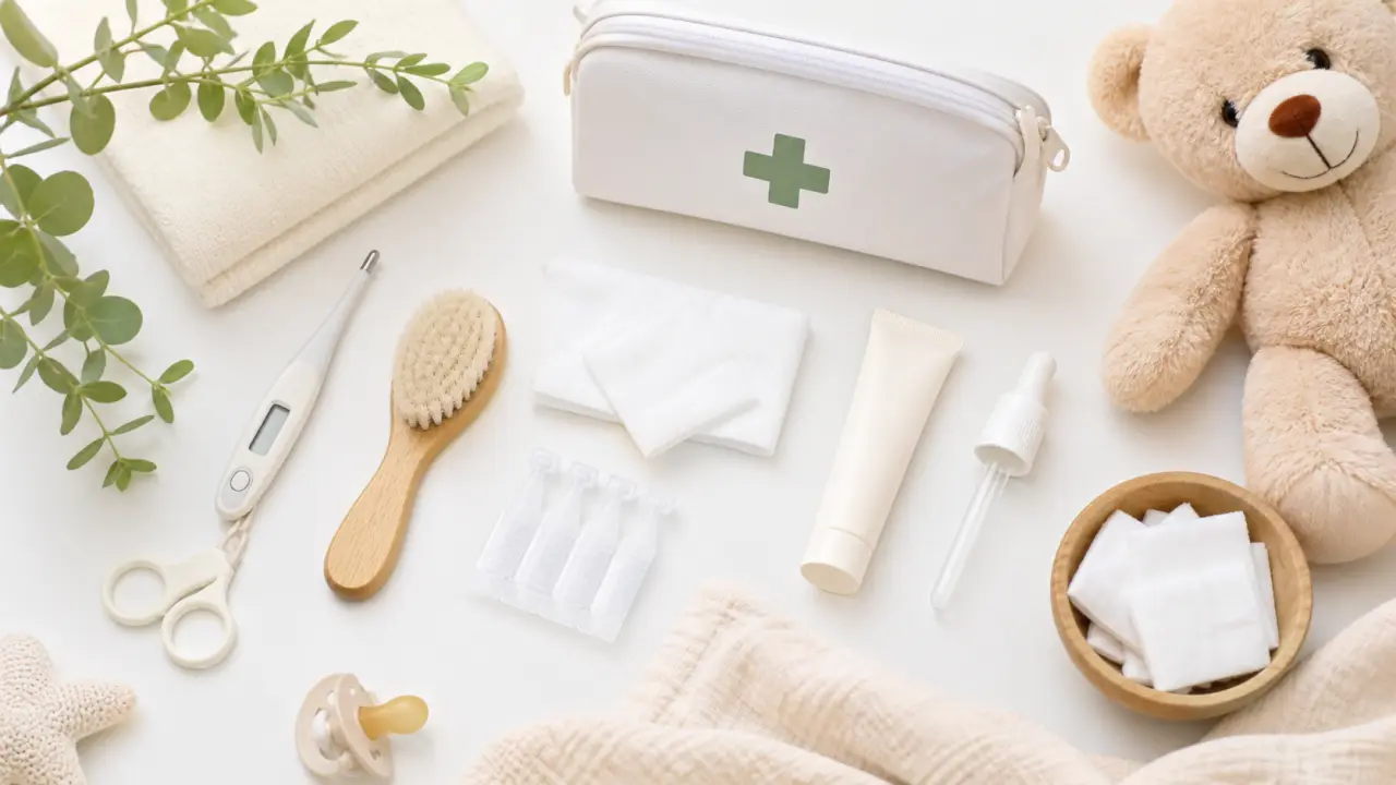 Trousse de soins bébé préparée avec des produits essentiels, dans un univers médical lumineux et rassurant