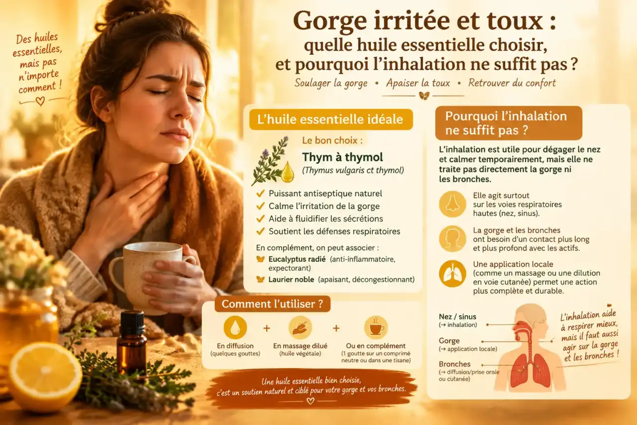 Gorge irritée et toux : quelle huile essentielle choisir, et pourquoi l’inhalation ne suffit pas ?
