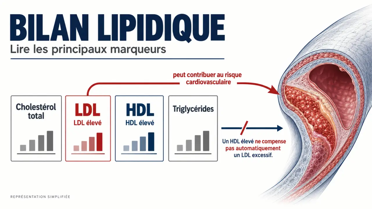 Complément alimentaire cholestérol : schéma du bilan lipidique avec LDL, HDL, triglycérides et risque cardiovasculaire