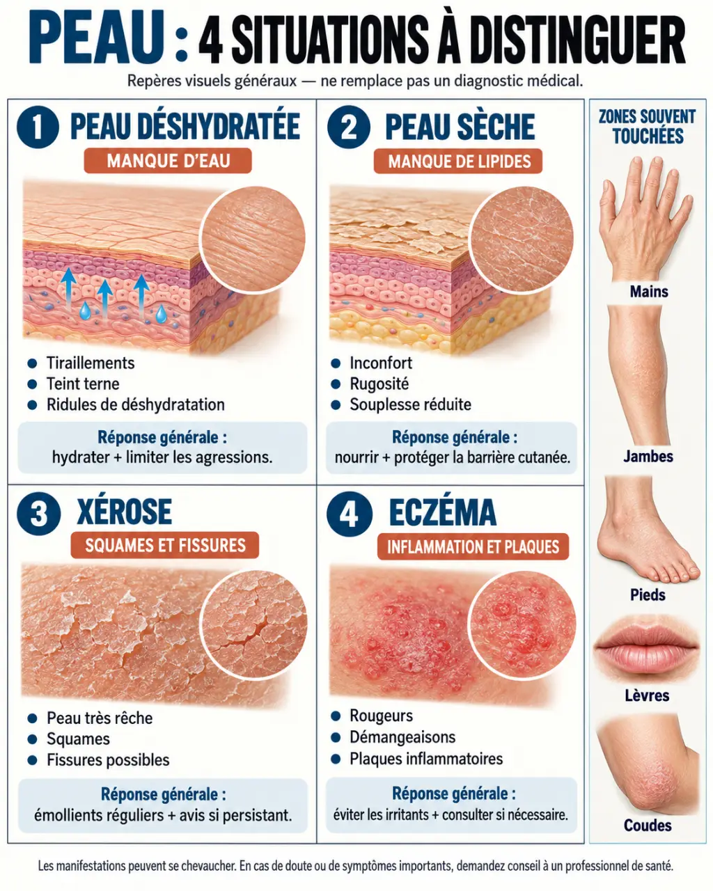 Comparaison des signes de la xérose cutanée, de la peau sèche, de la peau déshydratée et de l'eczéma