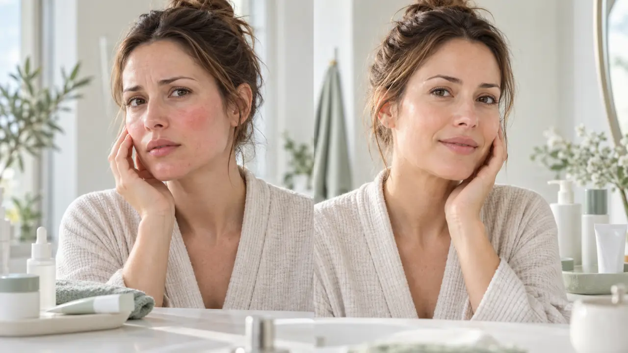 Routine douce de soins pour une peau réactive sur une table claire