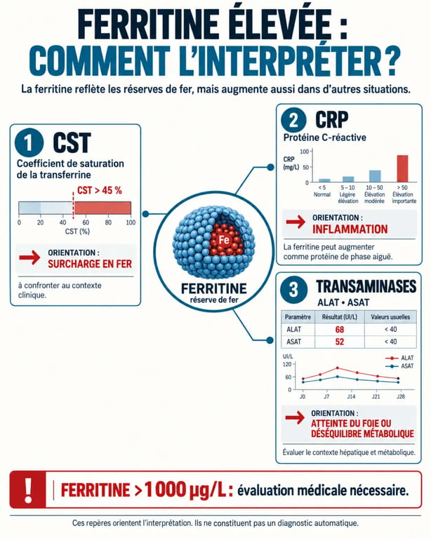 Infographie pour comprendre comment faire baisser ferritine selon le CST, la CRP et les transaminases