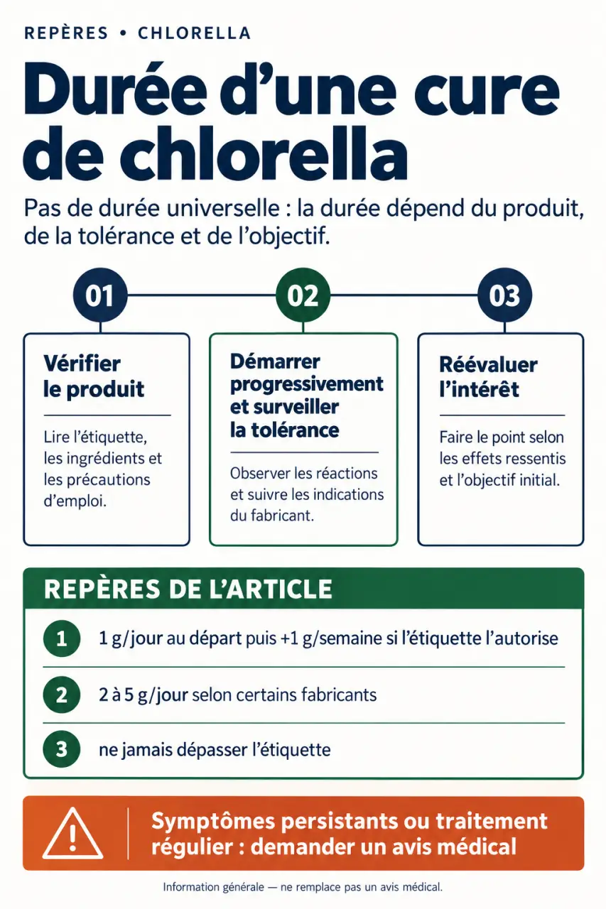 Infographie sur chlorella cure combien de temps, avec durée à réévaluer, progression de la prise et surveillance de la tolérance