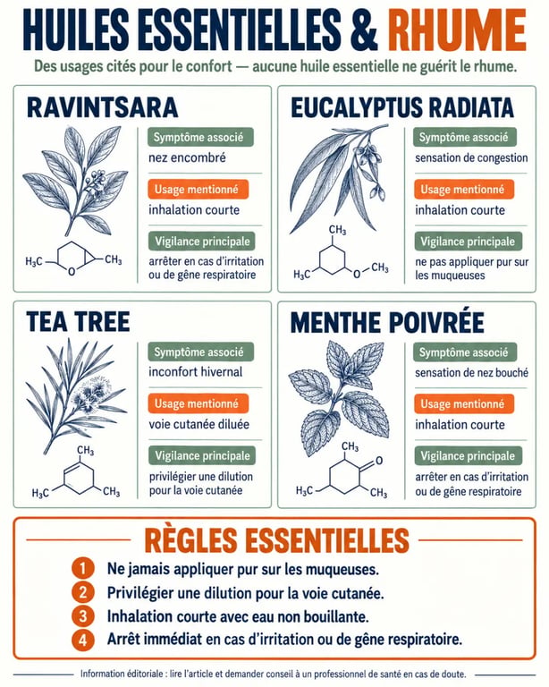 Infographie sur les huiles essentielles contre le rhume et leurs précautions d’utilisation