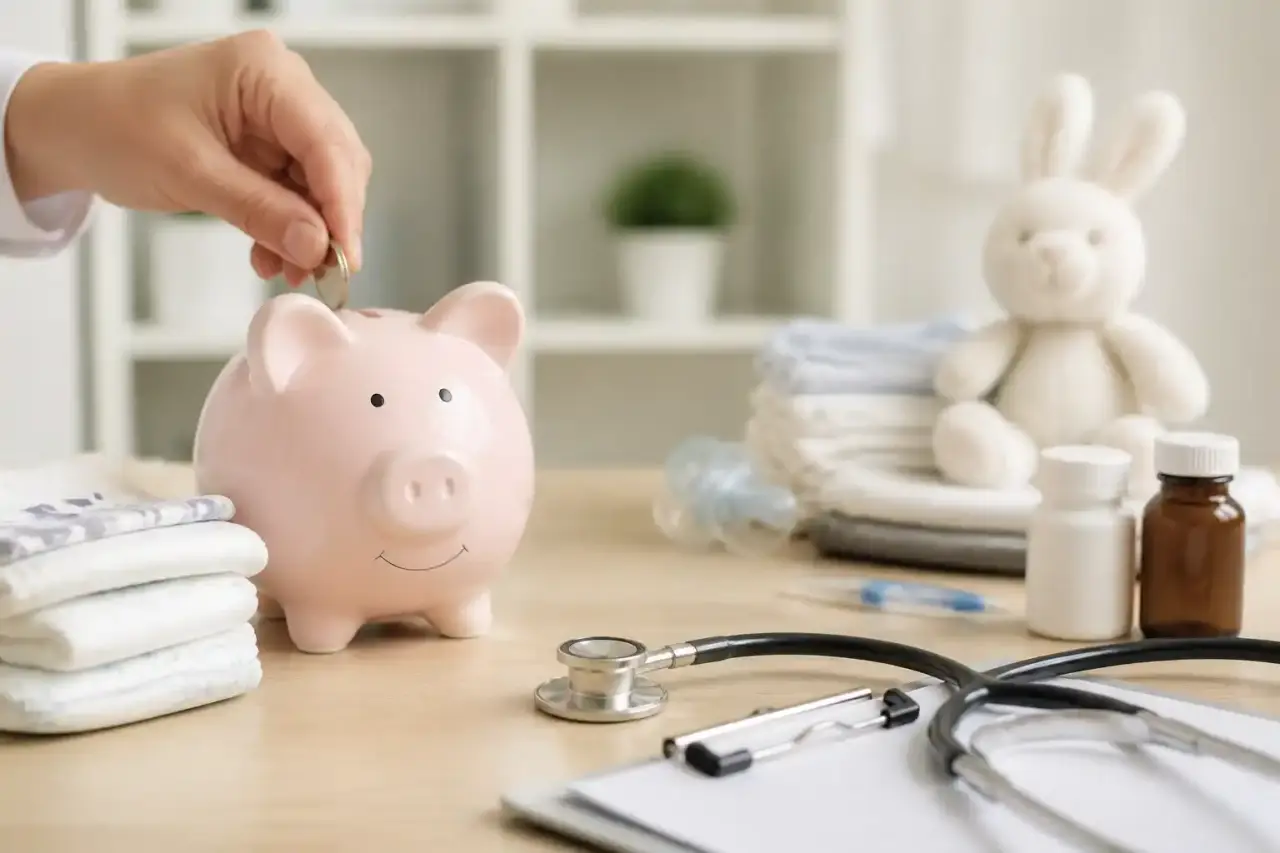 Produits de soin bébé et carnet de santé posés sur une table claire