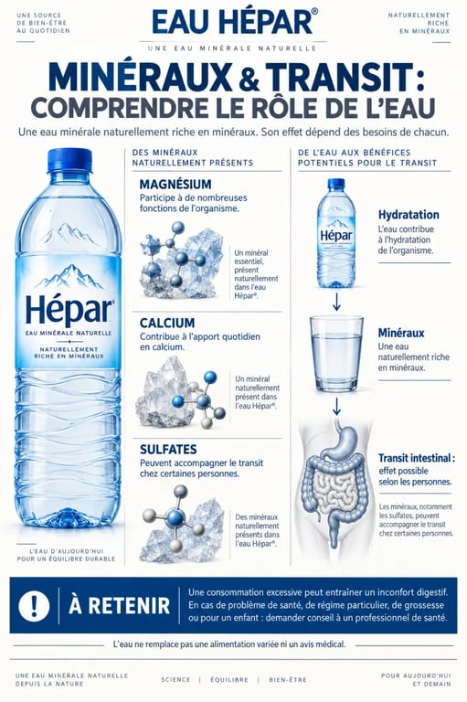 Infographie sur les bienfaits de l’eau Hépar, ses minéraux et son effet potentiel sur le transit