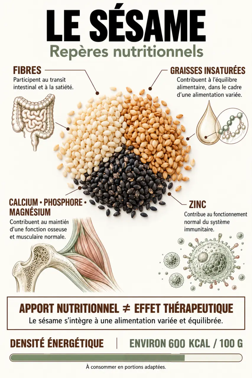 Infographie sur les bienfaits sésame, ses nutriments, ses usages et ses précautions