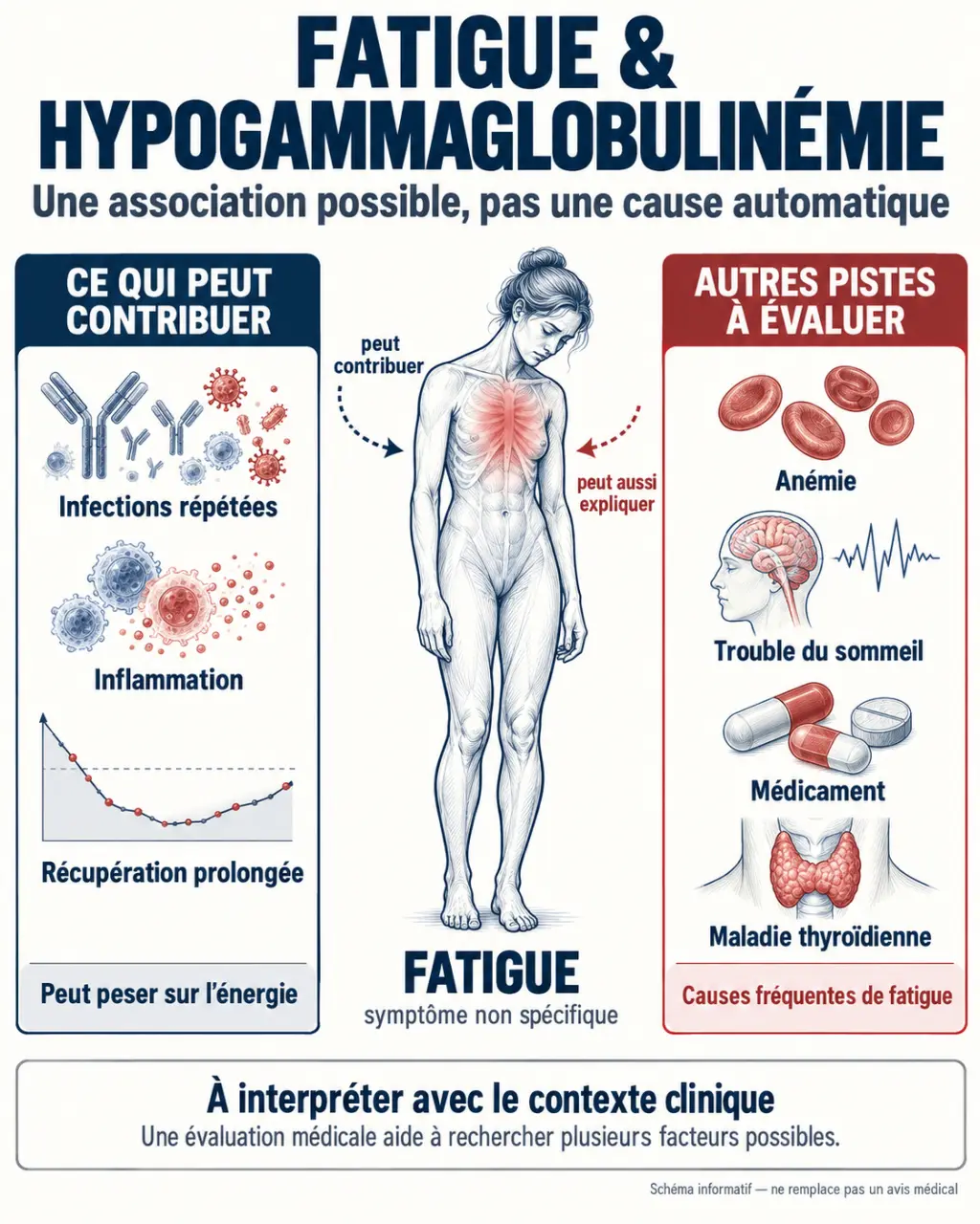 Infographie sur l’hypogammaglobulinémie modérée et la fatigue, avec les infections répétées et les autres causes possibles