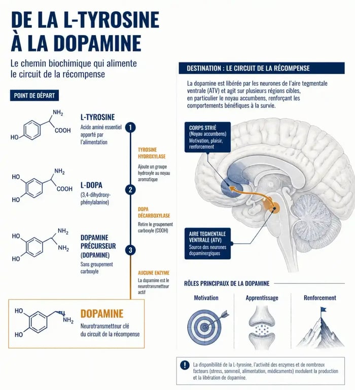 Schéma du mécanisme de synthèse de la dopamine à partir de la L-Tyrosine, en lien avec les compléments alimentaires dopamine
