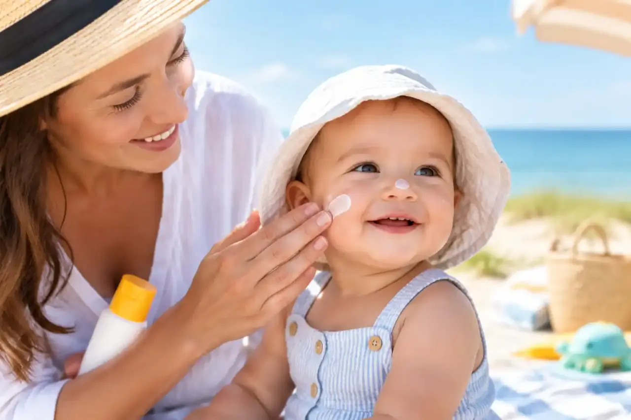 Bébé protégé du soleil à la plage
