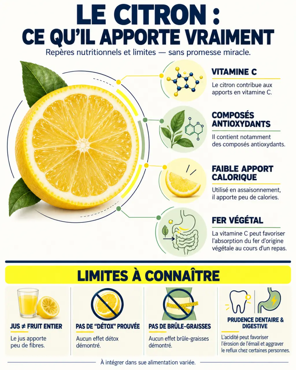 Infographie sur les bienfaits du citron, ses apports en vitamine C et ses précautions