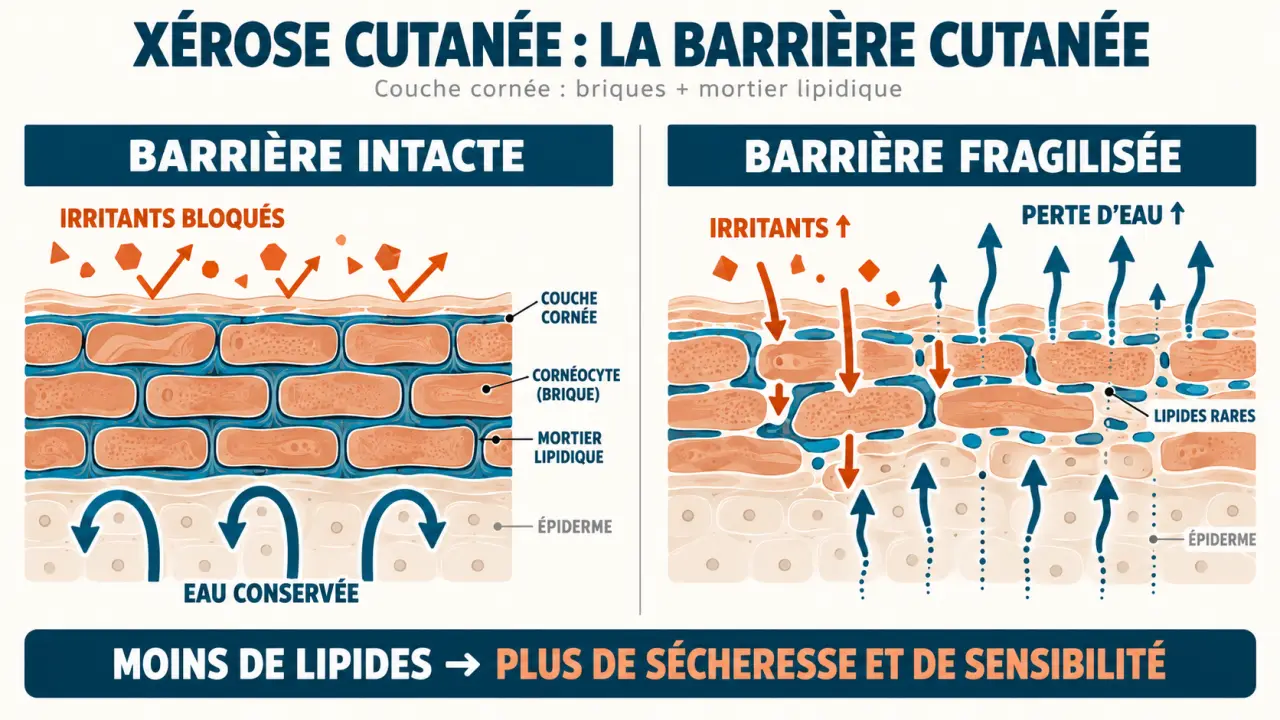 Schéma de la barrière cutanée fragilisée dans la xérose cutanée
