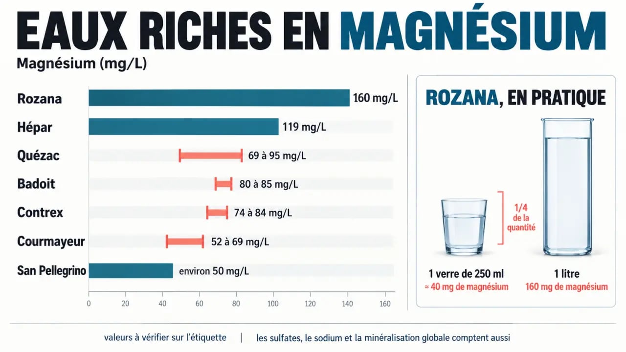 Infographie comparative des eaux riches en magnesium et de leur teneur en mg/L