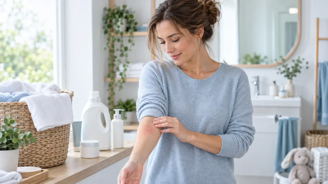 Produits de lessive et soins doux posés près d'une serviette blanche