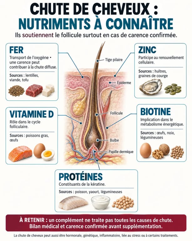 Infographie sur les vitamines cheveux qui tombent et le rôle du fer, du zinc, de la vitamine D et de la biotine