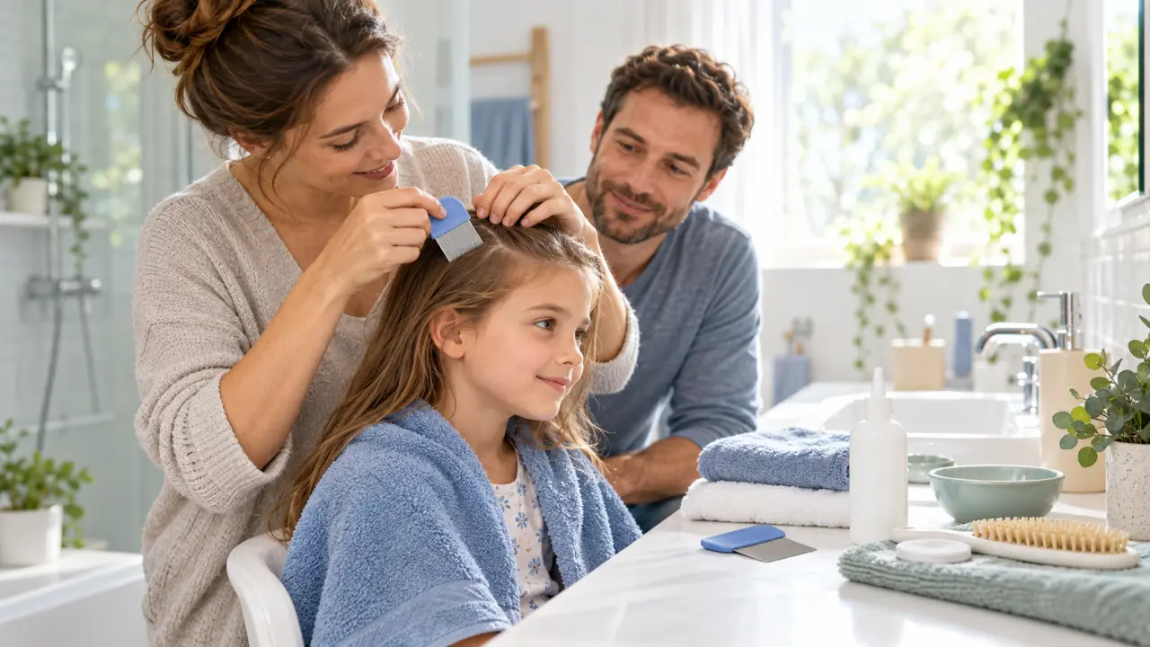 Parent vérifiant les cheveux d’un enfant avec un peigne anti-poux
