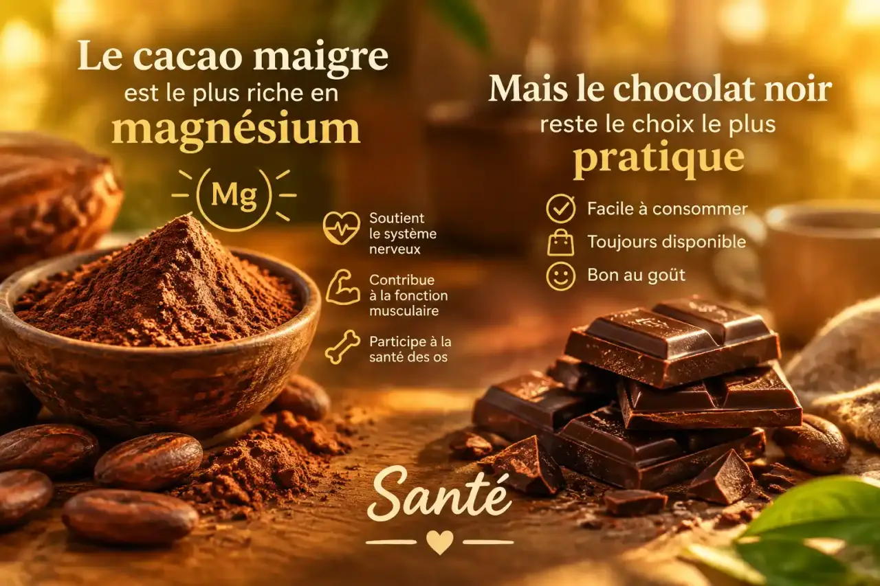 Le cacao maigre est le plus riche en magnésium, mais le chocolat noir reste le choix le plus pratique
