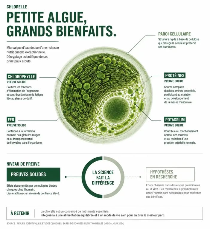 Infographie sur les bienfaits de la chlorelle et sa composition nutritionnelle