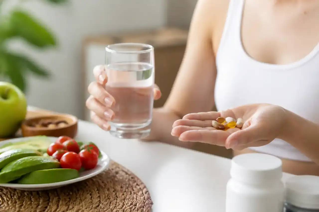 Compléments alimentaires disposés à côté d'un repas sain