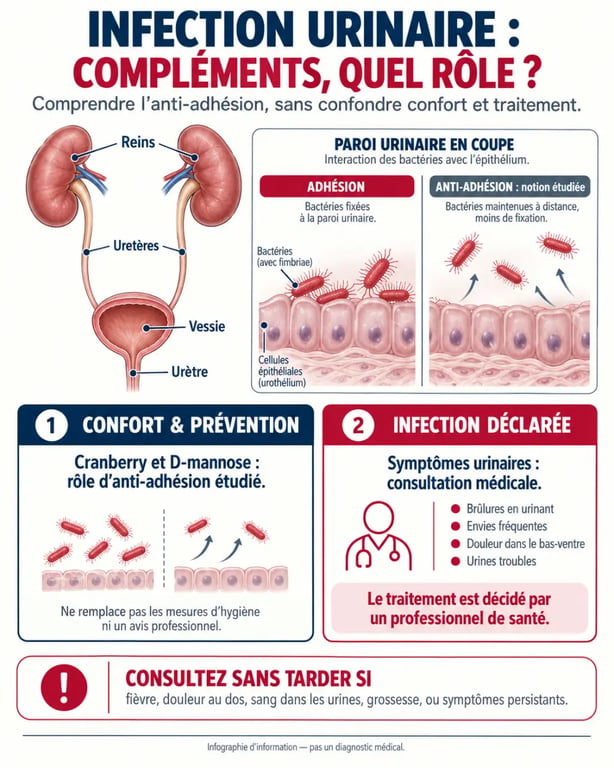 Infographie sur le complément alimentaire pour infection urinaire et les mécanismes de prévention du confort urinaire