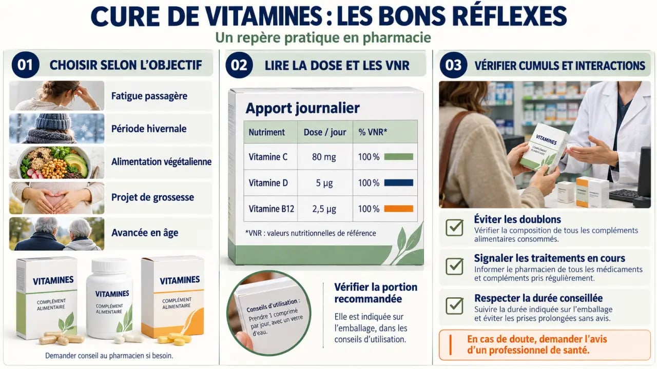 Infographie sur la cure vitamines pharmacie : objectifs, lecture des doses et vérification des cumuls