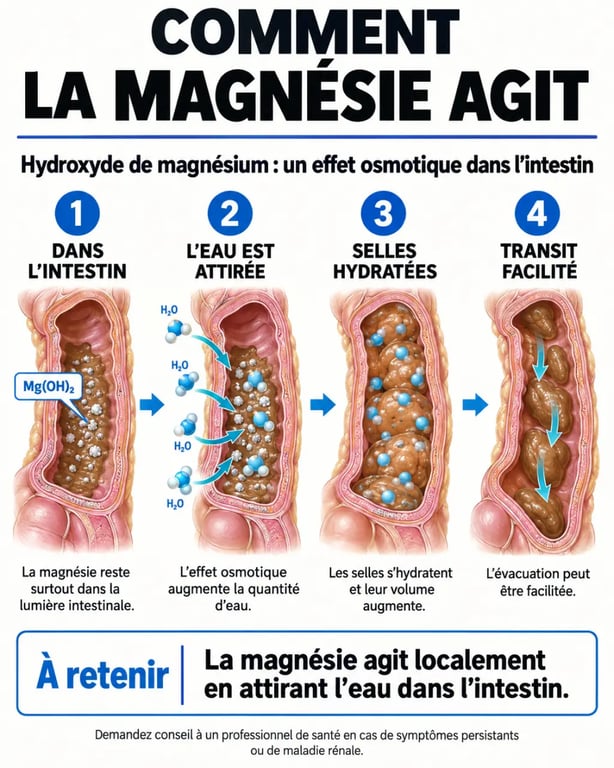 Infographie expliquant le mécanisme de la magnésie contre la constipation