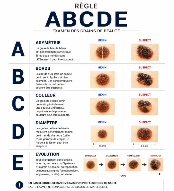 Schéma explicatif de la règle ABCDE pour enlever un grain de beauté en dermatologie