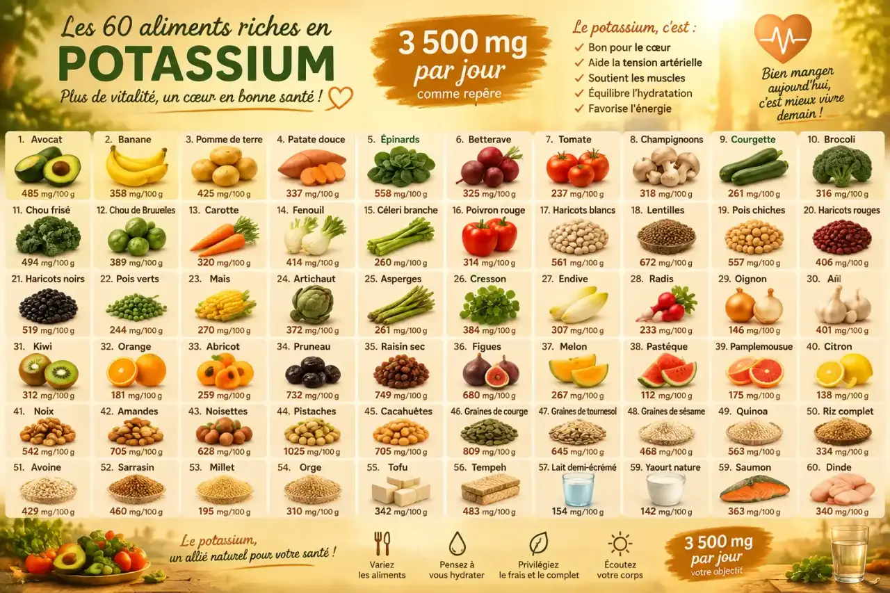 Les 60 aliments riches en potassium, avec 3 500 mg par jour comme repère