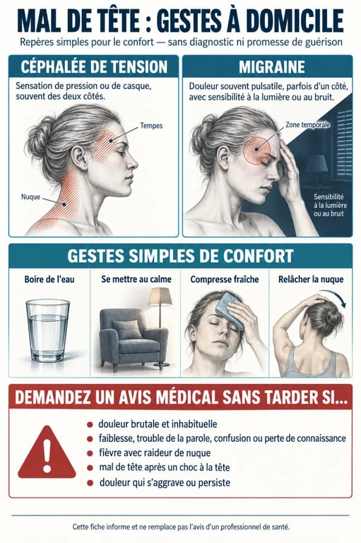 Remède mal de tête grand-mère : gestes simples, différence entre tension, migraine et signes d’alerte