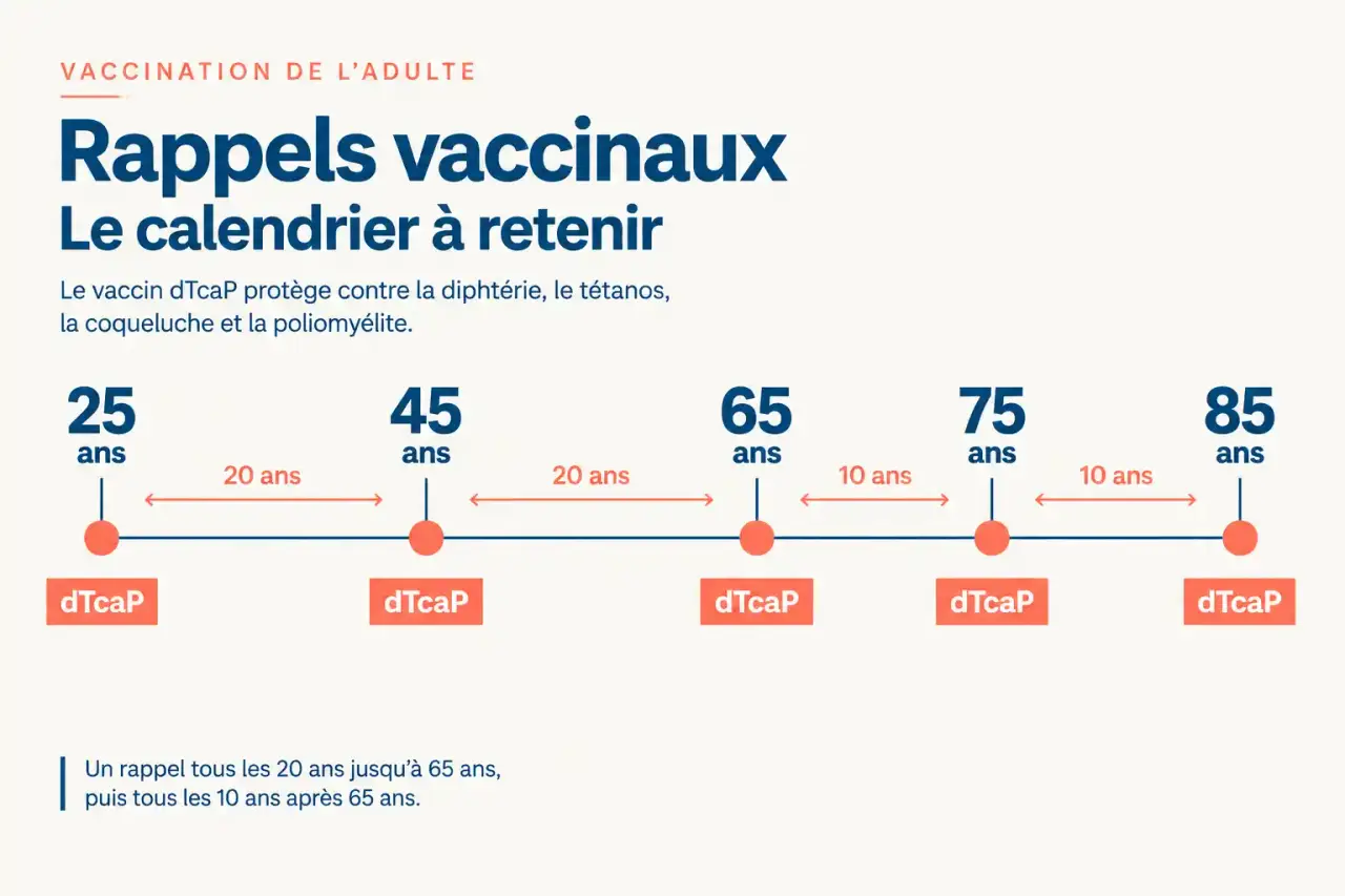 Frise chronologique du rappel des vaccins pour adulte : dTcaP à 25, 45 et 65 ans, puis tous les 10 ans
