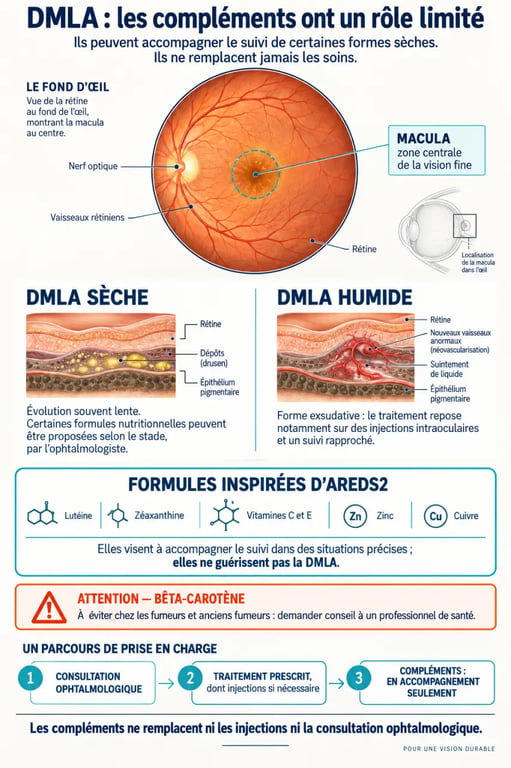 Infographie sur la DMLA et les compléments alimentaires, les formules AREDS2 et les précautions liées au bêta-carotène