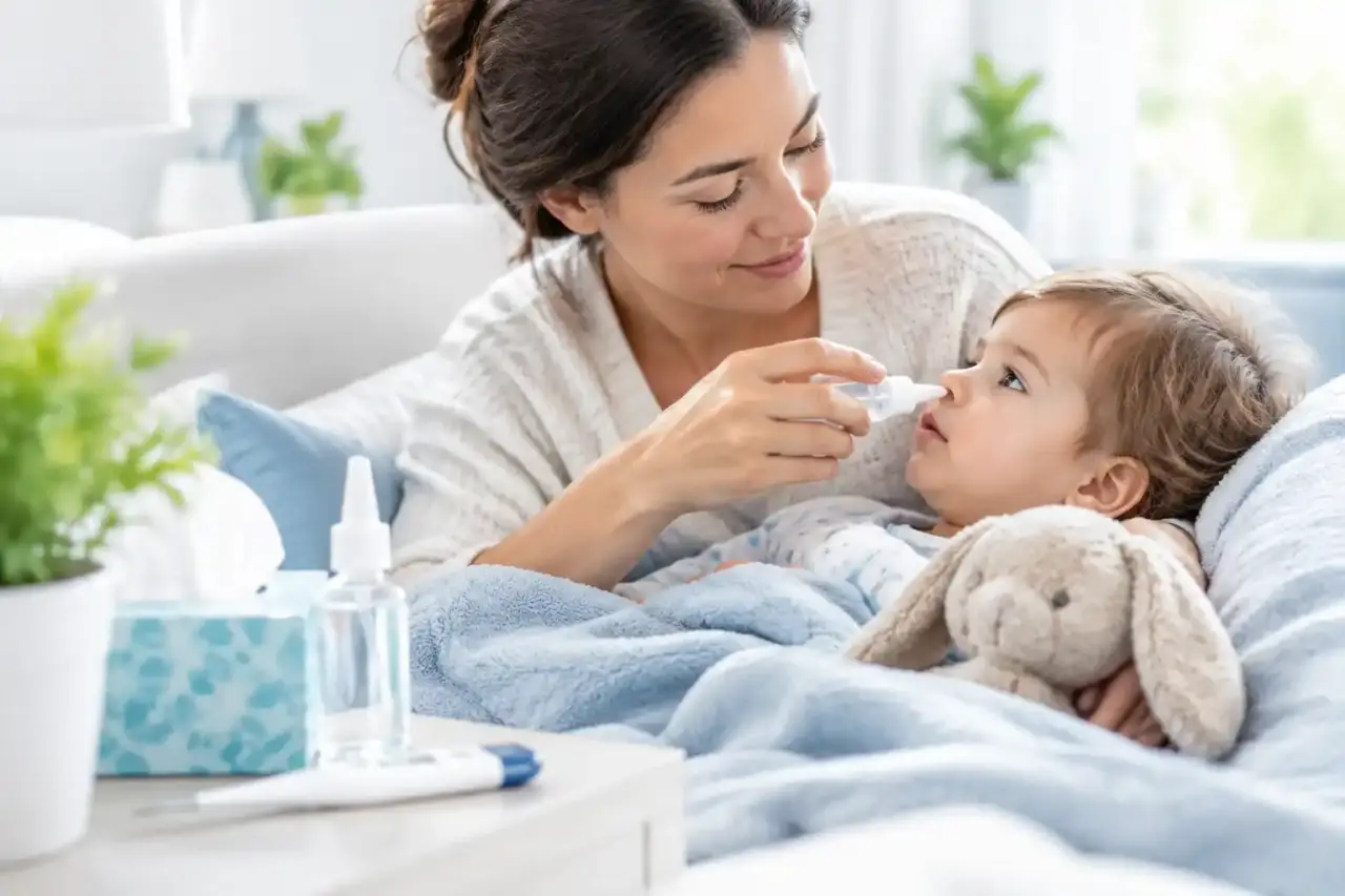Parent utilisant du sérum physiologique pour dégager le nez d’un bébé enrhumé