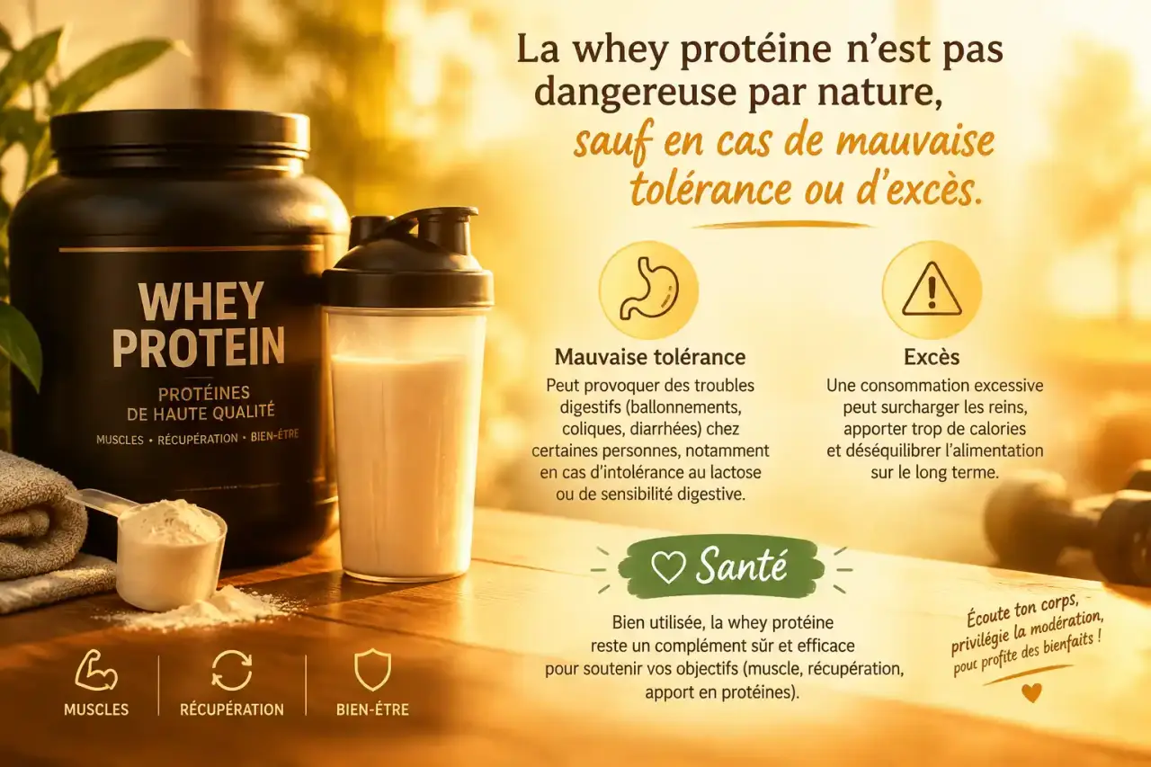 La whey protéine n’est pas dangereuse par nature, sauf en cas de mauvaise tolérance ou d’excès
