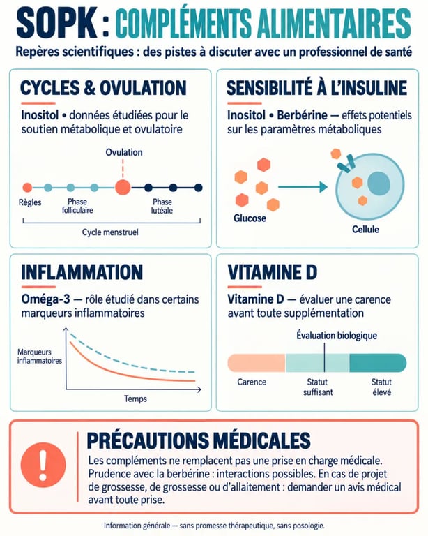 Infographie sur les compléments alimentaires SOPK selon les objectifs et les précautions