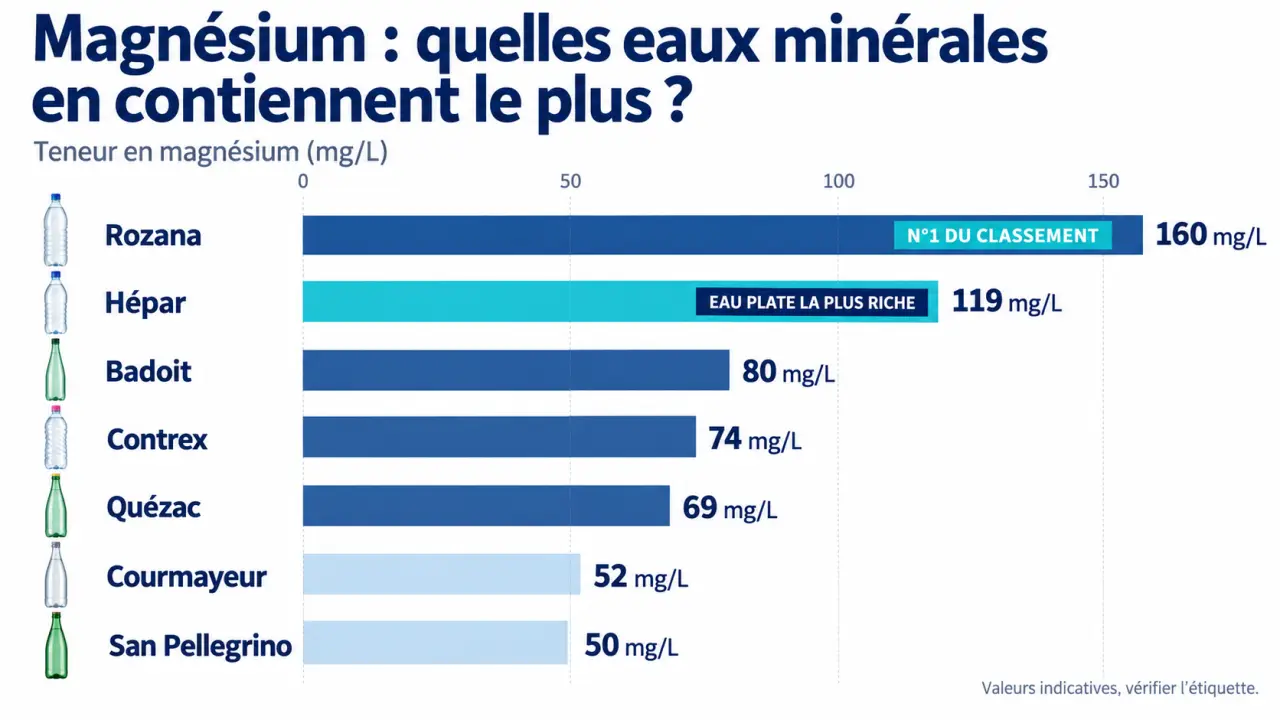 Comparaison du magnésium dans l'eau minérale en mg/L