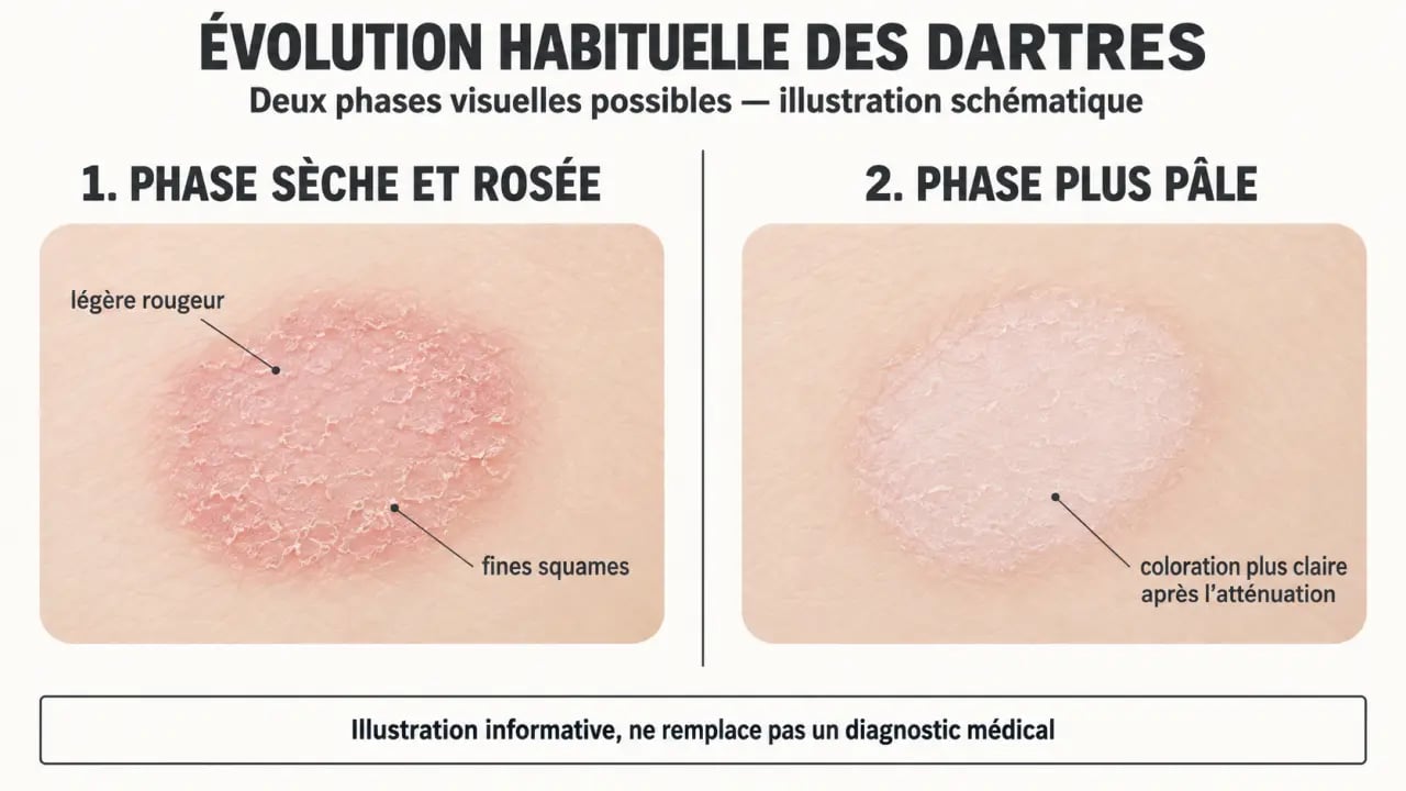 Dartres de la peau : évolution d’une plaque rosée et squameuse vers une tache plus claire