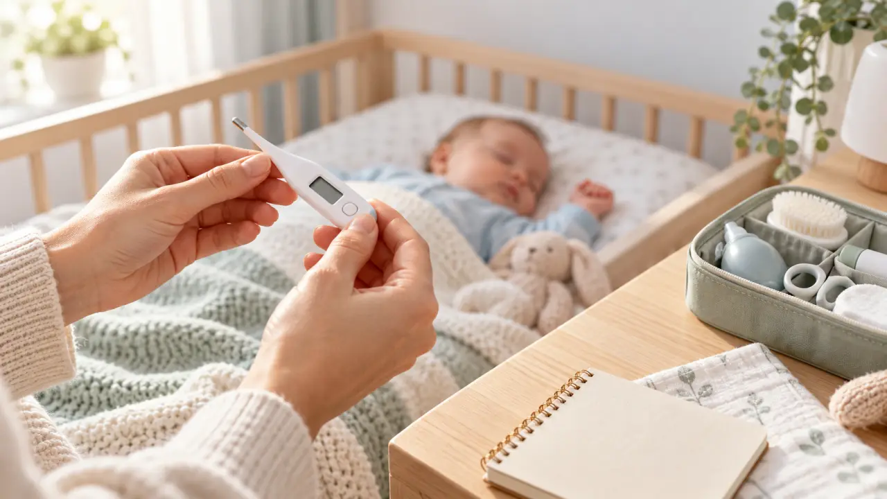 Parent prenant la température de son bébé avec un thermomètre fiable
