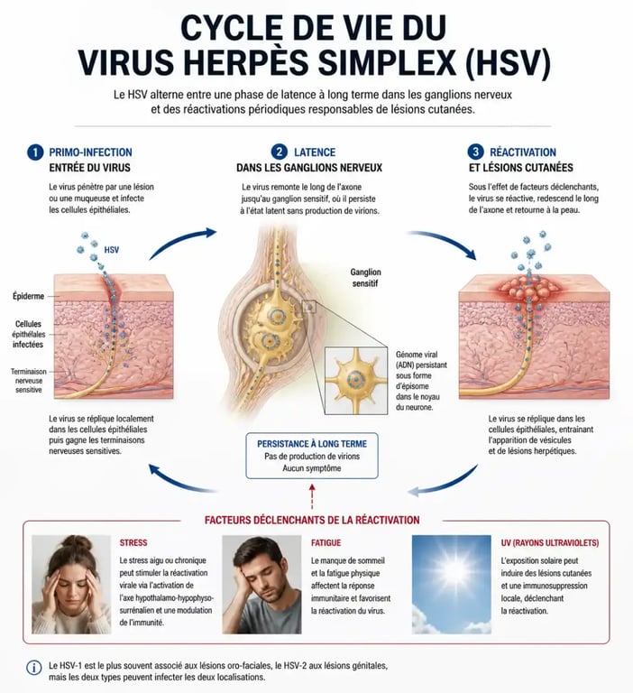 Schéma explicatif du cycle de vie du virus herpès et des facteurs de stress et fatigue déclenchant une poussée